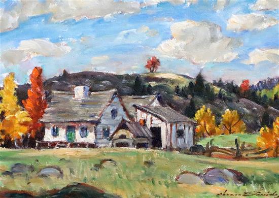 Thomas Hilton Garside (Canadian 1906-1980) Landscape with old cottages 19 x 27cm